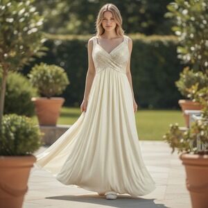 Niki Livas‎ Evening Gown Women 12 Ivory Fair Beaded Sequin Low Back Maxi Dress